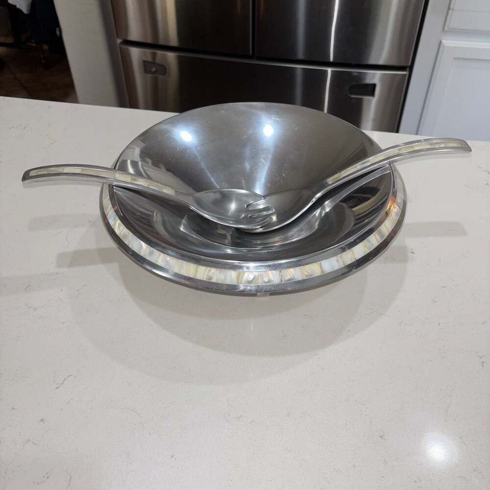 Vintage Towle Mother of Pearl Aluminum Serving Set Bowl & Spoons Made in India